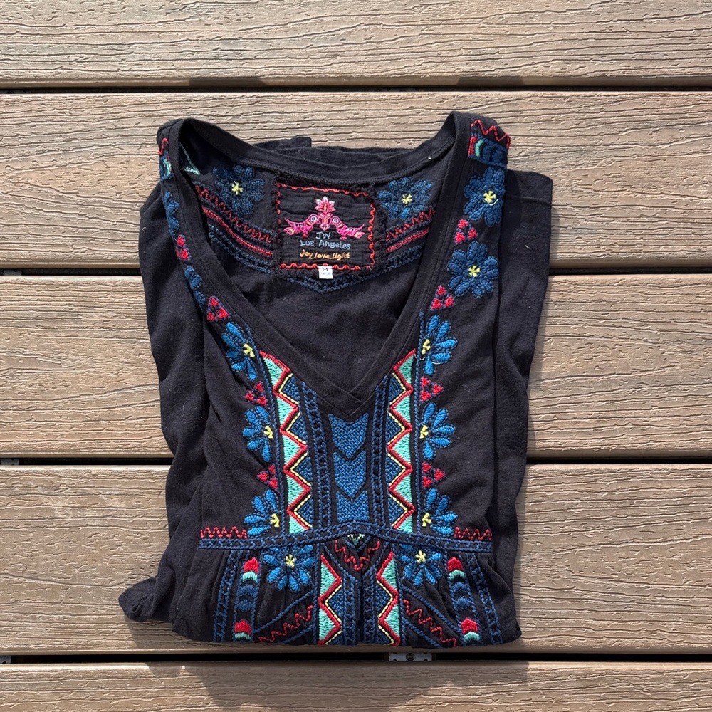 Johnny Was Black Blouse with Colorful Embroidery